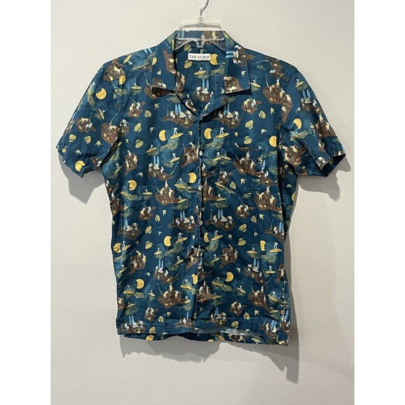 Far Afield Shirt Men’s 2 Medium Hawaiian Floral Hula Surfer Blue Green Aloha - Picture 1 of 8